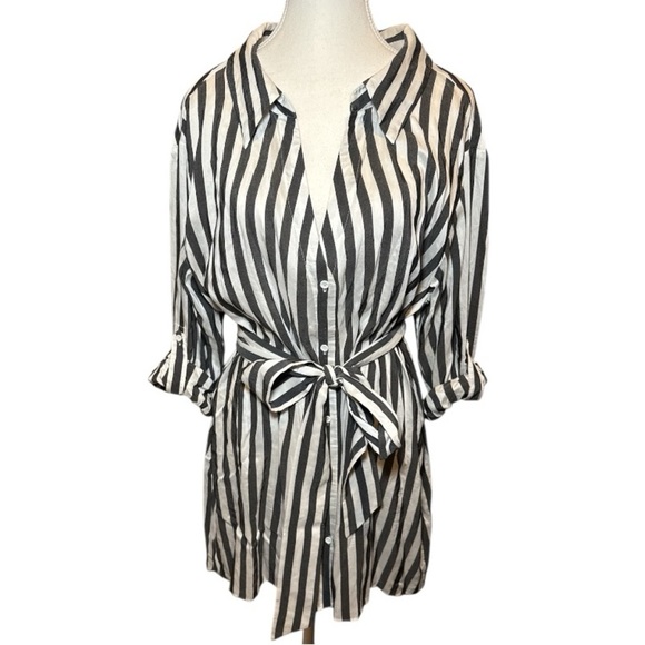Alice + Olivia Tate Black White Striped Belted Shirt Dress Tunic Top Size L - Picture 6 of 10